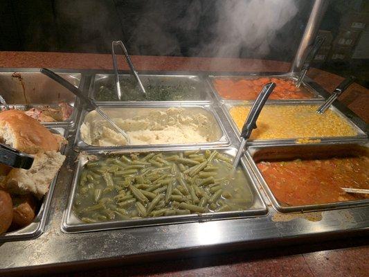 Green beans, mashed potatoes, spinach, okra soup, corn, carrots