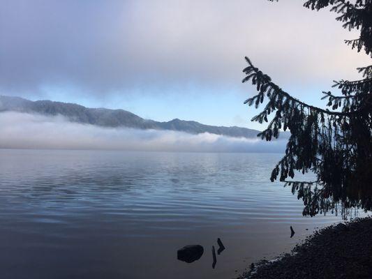 Fog lifting off the lake in the morning.