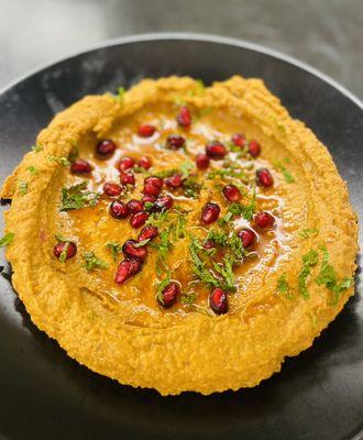 Harissa Hummus w/ Pomegranate Molasses, Seeds, and Fresh Mint. All 2024 Spring Menu's.