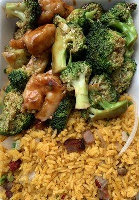 shrimp and broccoli with pork fried rice