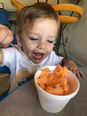 Arlo digs into some orange sherbet!