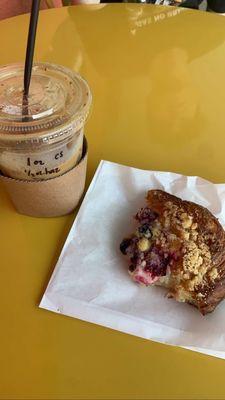 Berry danish and iced oat latte with hazelnut and cinnamon sugar syrup.