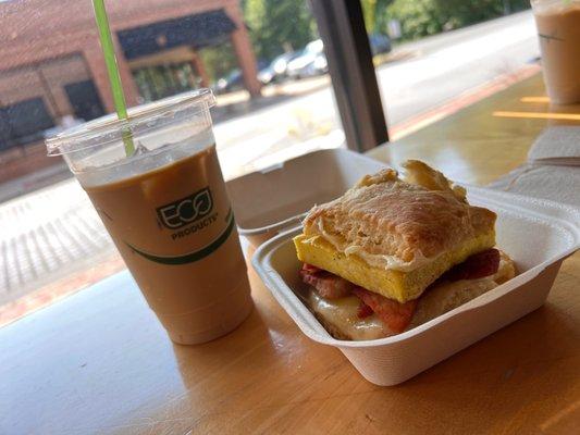 Ham, egg and cheese on biscuit. 5!!!! Also pictured: toasted coconut latte, pretty good!