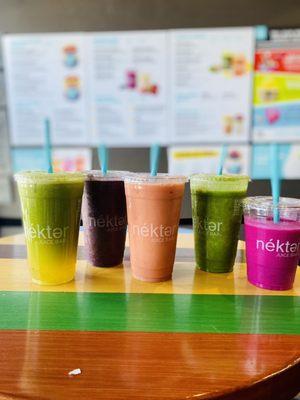 Toxin flush, Popeye Açaí, Orange Crush, and Pink Flamingo