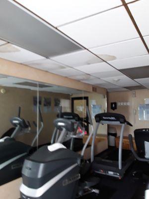 Water damaged ceiling tiles in Fitness Room that smelled like mold/mildew.