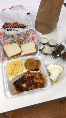 Chicken and rib combo with Mac & cheese and Fried green tomatoes on the side and coconut pie for dessert