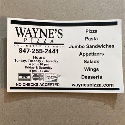 Wayne's Pizza Hours as of 6-2-2022