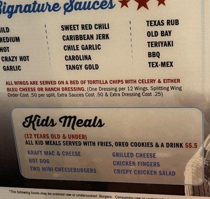 Kids menu only 5.50 12 and under