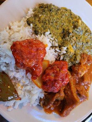 White rice, Karahi chicken, saag paneer, goat curry