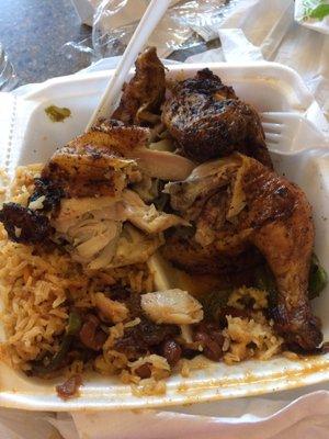 Half chicken plate with rice & beans, $4.69.