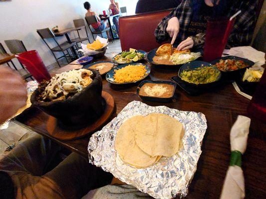 Chicken quesadilla and Tex-Mex, shrimp chicken and steak with zucchini.