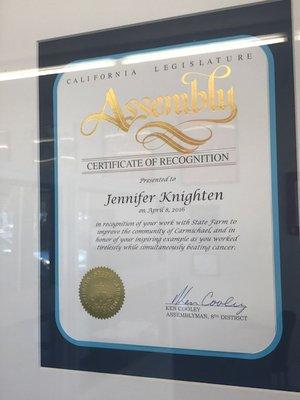 Proud of Jennifer for receiving this Honor.