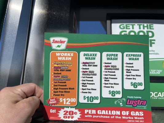 Car Wash Menu w/ prices (as of December 27, 2021)