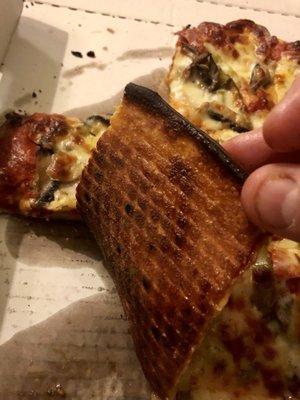 I know it's cheap pizza but come on. Unevenly cooked, burnt, soggy pizza