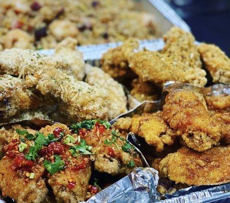 We offer party trays for wings/hibachi fried rices/garlic noodles/eggrolls