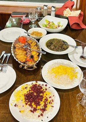 Zeitoon palace platter (mixed kabab) Ghormeh Sabzi Barberry rice  Mirza ghasemi