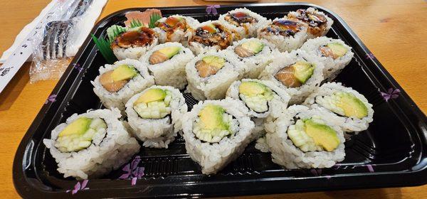 Eel/Avocado, Salmon/Avocado, and Cucumber/Avocado Rolls