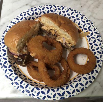 This is the burger assembled with the onions rings that I also ordered.