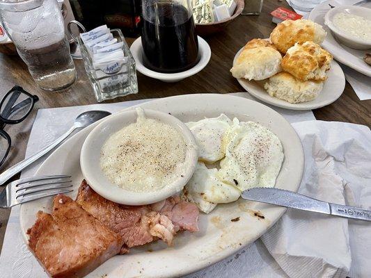 Sugar ham, grits, eggs, biscuits n gravy