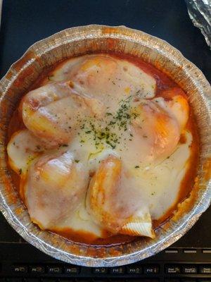 Stuffed shells from delivery. Cold with hard cheese, but tasty.