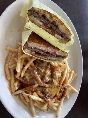 Sourdough bacon cheeseburger and chili cheese fries