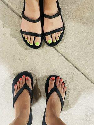 My watermelon toes, and my friends bright green toes, by Kayla.