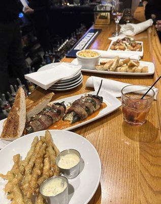 Asparagus Fries, Stuffed Poblano Peppers, Banana Pepper Dip, and Tot Poutine