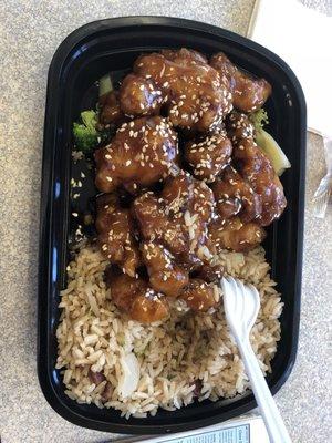 Sesame Chicken with Fried Rice: chicken over fried and rice very bland lacking any real flavor. Two thumbs down.