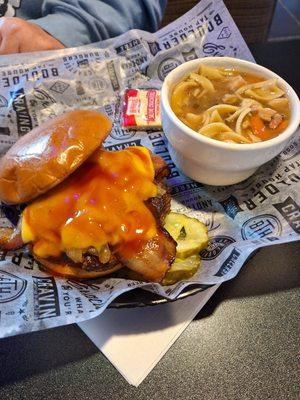 Burger and chicken noodle soup.