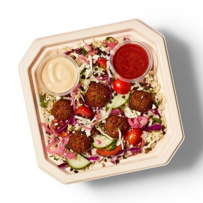 Spicy Falafel - cilantro lime brown rice, falafel, feta, lemon tahini drizzle, and MIXT fire sauce