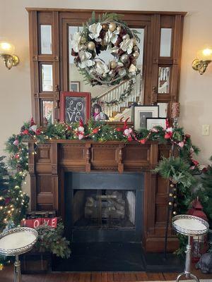 Fireplace mantel in lobby