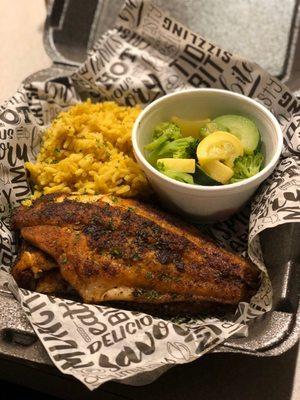 Blackened Catfish with Seasonal Vegetables & @Yellow(Spanish)Rice .. absolutely delicious every time!