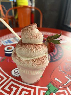 Honey chrysanthemum soft serve with strawberries