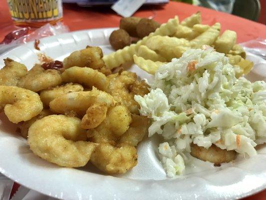 Shrimparoo Plate $15, (choice of boiled or fried shrimp) with fries, coleslaw, hush puppies & a drink (choice of sweet tea, tea or water).