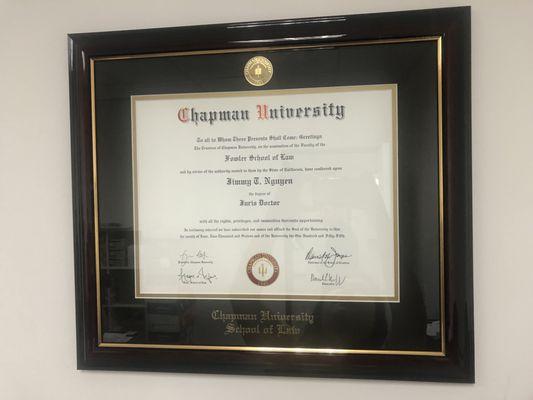 Jim Nguyen's diploma from Chapman University Law School