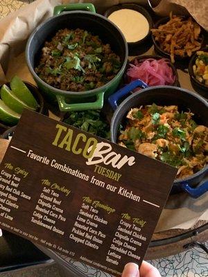 Taco Bar Tuesday! Everyone can build their favorite taco with toppings like pickled onions, corn pico, fresh cilantro! Grapevine only.