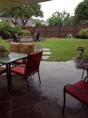 Flagstone patio and steps out to our fire pit.