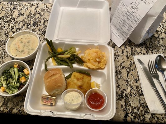 Lenten Fish Dinner Takeout (potato encrusted cod, au gratin potatoes, roasted veg, dinner roll, NE clam chowder, & broccoli salad) for $12