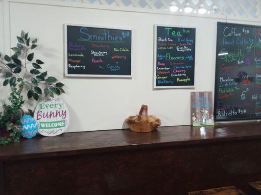 Menus and some seating at the bar top