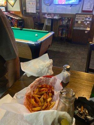 French fries and a cold beer game of pool always fun at Varners