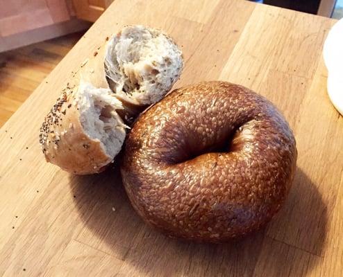 I couldn't wait to eat this whole wheat everything bagel, with a perfect crust and deliciously fluffy inside.