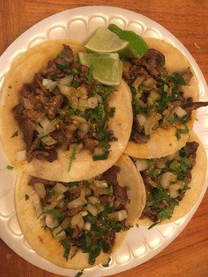 Carne asada tacos are always perfect. A good portion of meat on them for the price.