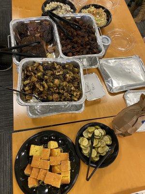 Burnt ends, brisket, sprouts, tater salad