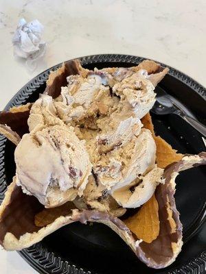 Coffee almond fudge ice cream in waffle bowl