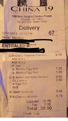 Owner printed Entitled bitch on a receipt