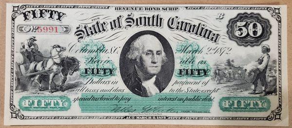 $50 South Carolina Revenue Bond Scrip from 1872, with slavery vignettes and Washington.