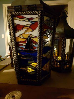 Set of three Custom Stained Glass paneled lanterns. Nautical/oceanfront experience! Available at Valerosa Gallery in Tyler, TX!