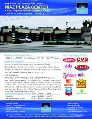 Niaz Plaza 546 W Compton Blvd, Compton, CA Active - Office Building For Lease | $2.75/SF/Month | 1,000 - 4,174 SF | 1 Space