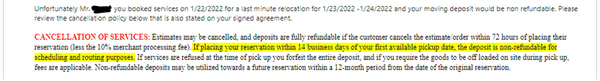 Screen capture from email response about deposit refund and cancellation policy. Ignoring the first sentence.