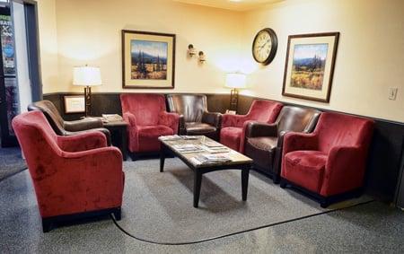 Comfortable waiting room in our service department with big screen TV,  complimentary coffee and Free WI-FI